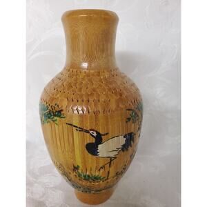 Vintage Chinese Porcelain Crane Vase Covered Intricately Woven Bamboo Rattan